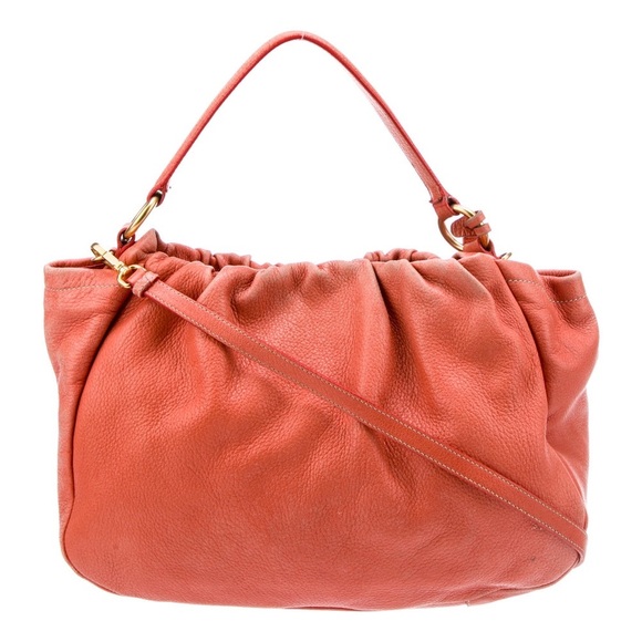 PRADA Cervo Pleat Bag Hobo Orange Deerskin Women’s Crossbody Designer Purse - Picture 2 of 16